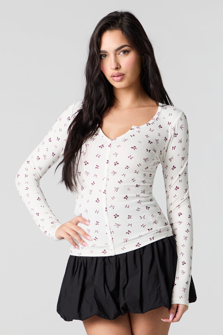 Ribbed Button-Up Long Sleeve Top