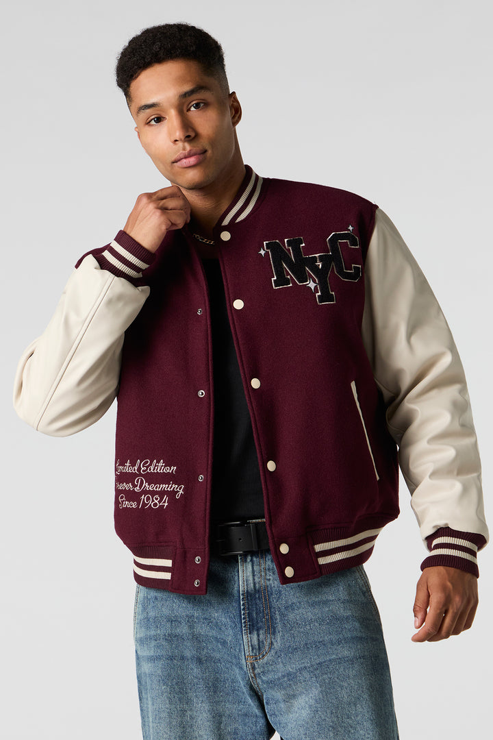 Faux Leather Sleeve Fleece Varsity Jacket