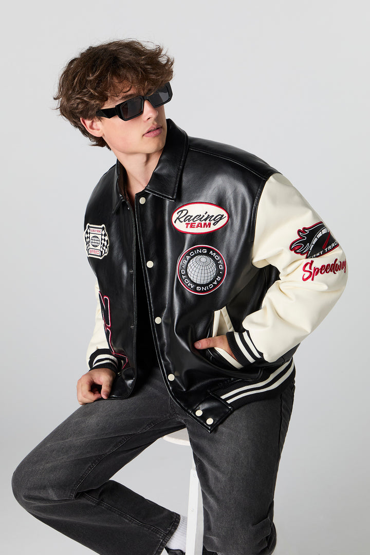 Faux Leather Racing Bomber Jacket