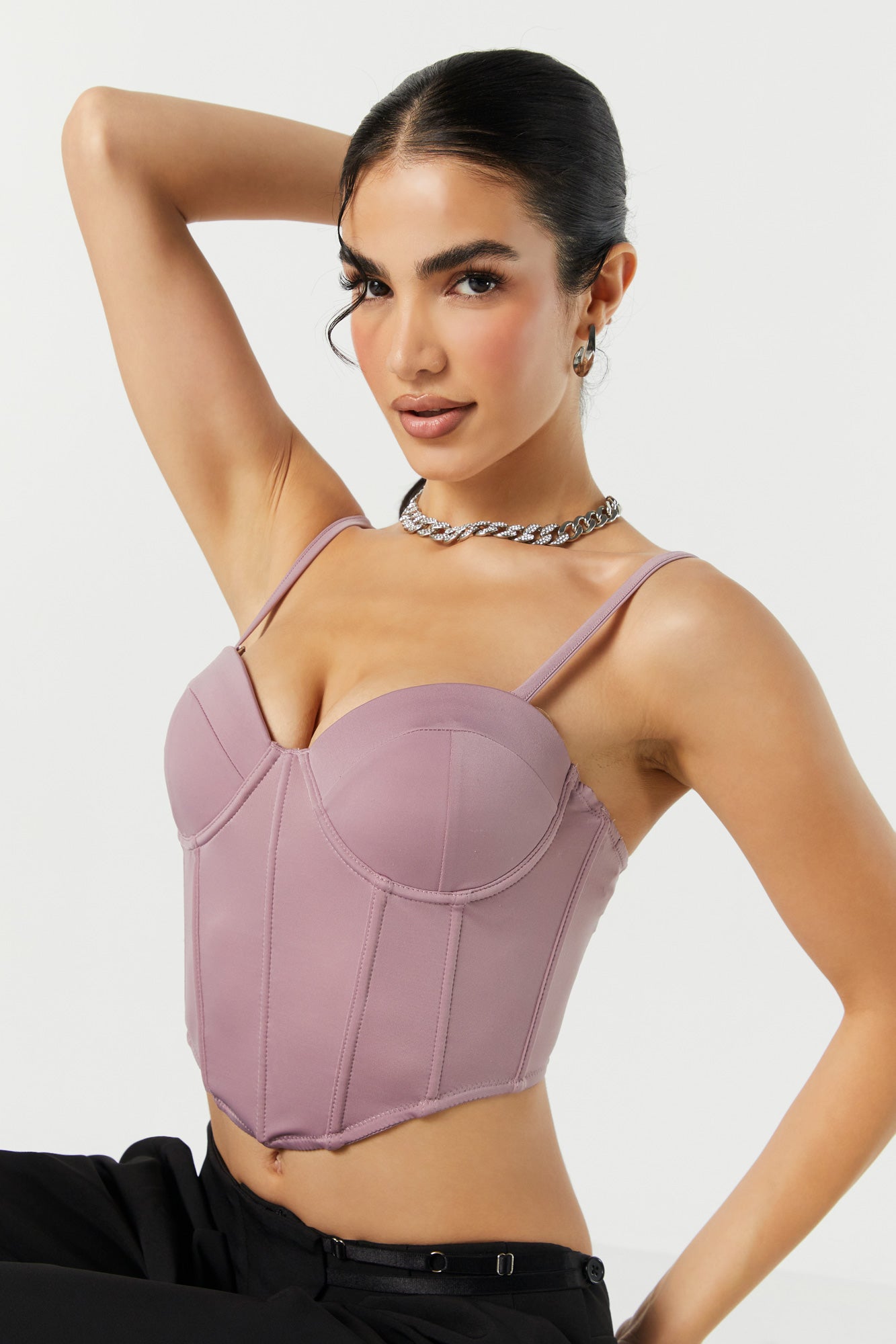 Plus Chocolate Slinky Corset Ruched Bust Crop Top