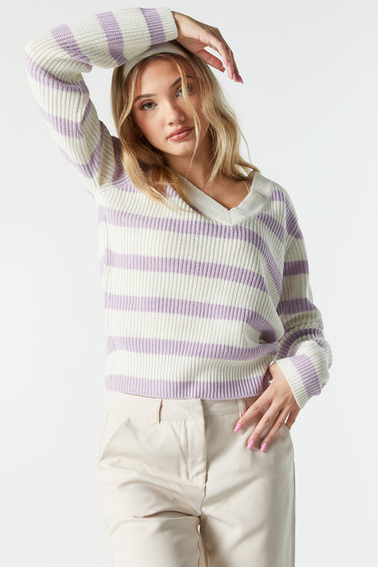 Ribbed Striped Knit V-Neck Sweater