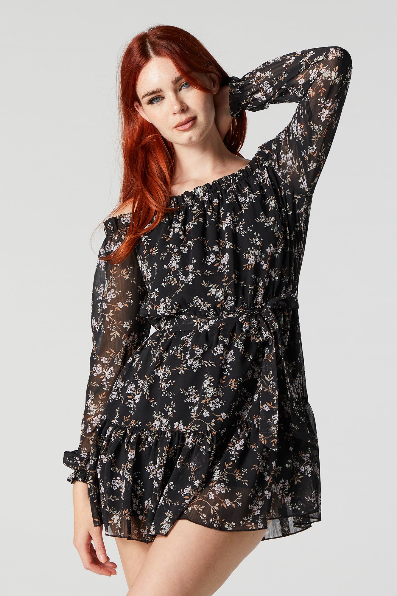 Floral Chiffon Belted Off Shoulder Mini Dress – Urban Planet