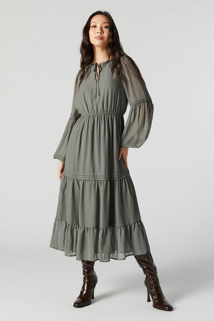 Mesh Long Sleeve Tiered Midi Dress