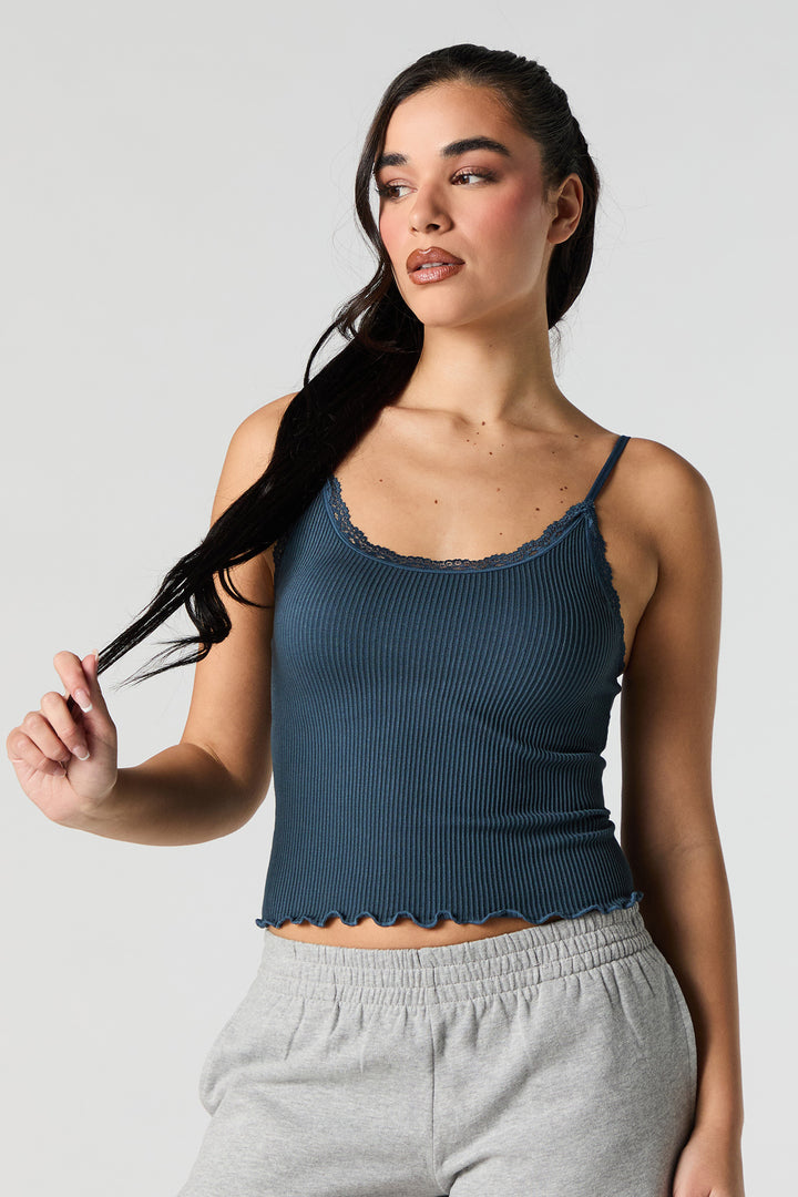 Camisole côtelée sans couture à encolure ronde et bordure de dentelle