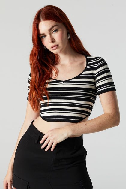 Ribbed Striped Knit Cropped Short Sleeve Top
