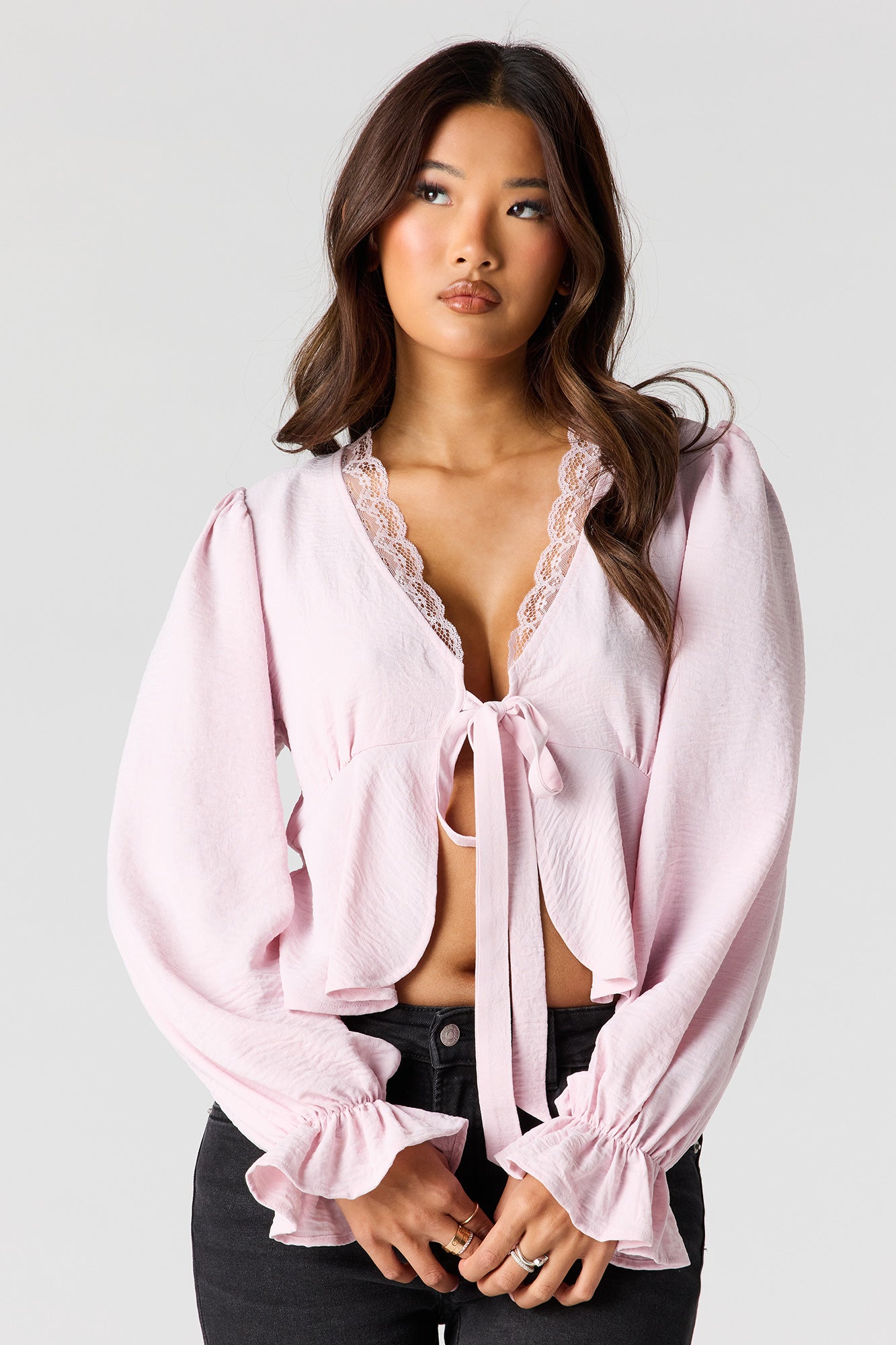 Lace V-Neck Long Sleeve Flyaway Top – Urban Planet