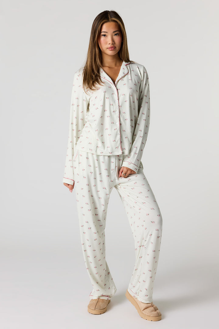 Printed Button-Up Top & Pant Pajama Set