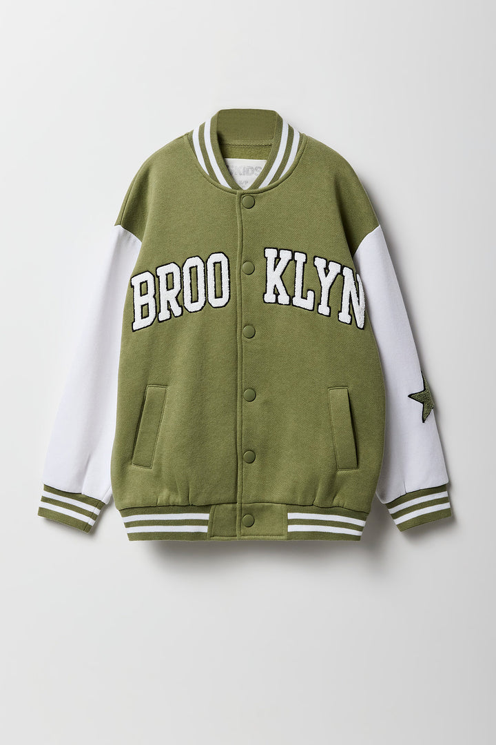 Girls Chenille Embroidered Fleece Varsity Jacket