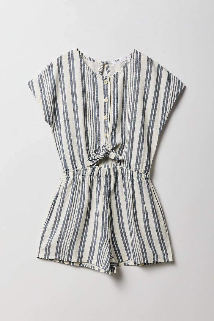 Girls Linen Front-Tie Cut-Out Buttoned Romper