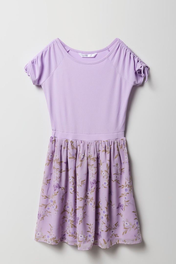Robe à jupe virevoltante fleurie en chiffon avec manches ruchées pour fille