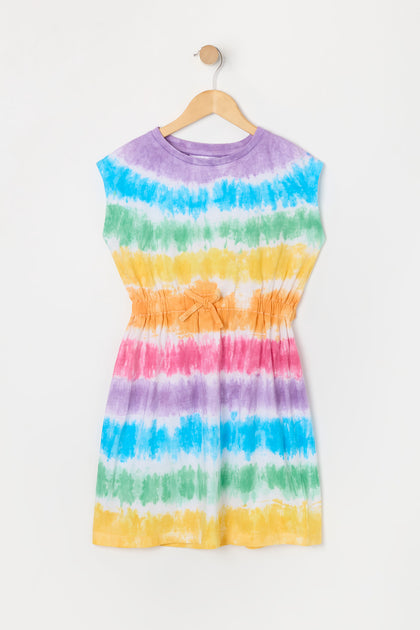 Girls Rainbow Tie Dye Print Cinched Romper