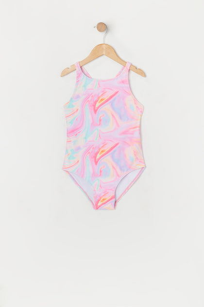 Girls Paint Swirl Print Crisscross Back One Piece Swimsuit with built-in cups