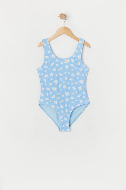 Girls Daisy Print One Piece Swimsuit with Built-In Cups
