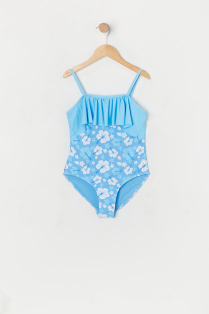 Girls Blue Hawaiian Print Flounce One Piece Swimsuit