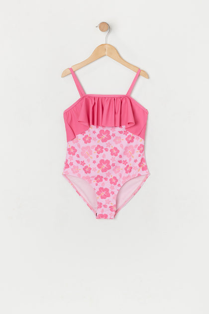 Girls Pink Hawaiian Print Flounce One Piece Swimsuit