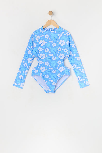 Girls Floral Print Long Sleeve One Piece Swimsuit with built-in cups