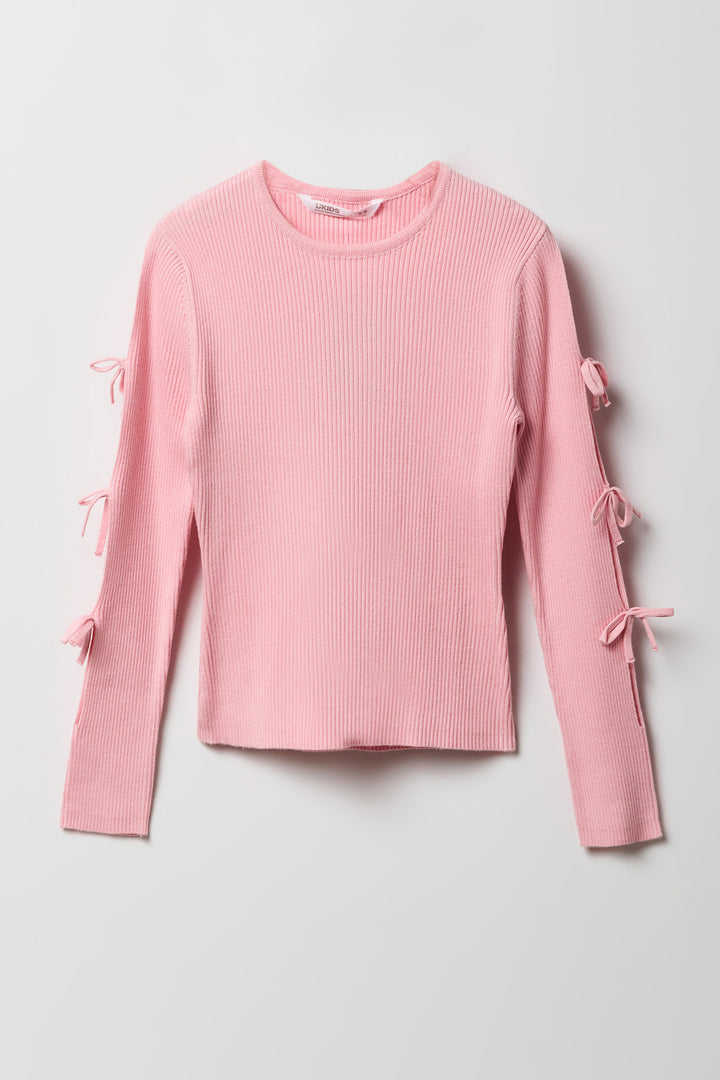 Girls Ribbed Bow Sleeve Sweater