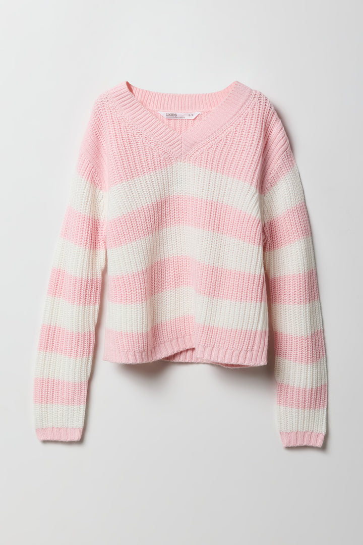 Girls Striped Knit V-Neck Sweater