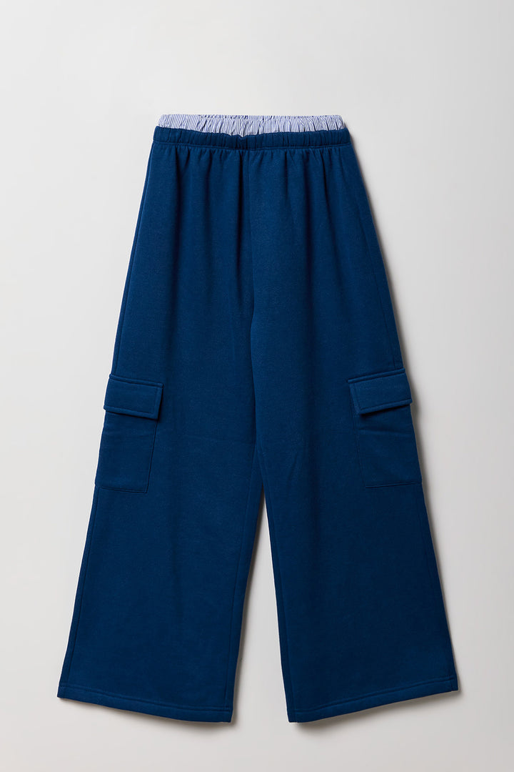 Girls Double Waistband Wide Leg Cargo Sweatpant