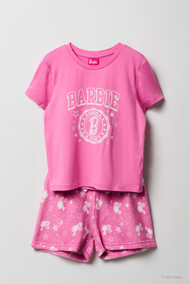 Ensemble-pyjama 2 pièces t-shirt imprimé Barbie et short pelucheux pour filles