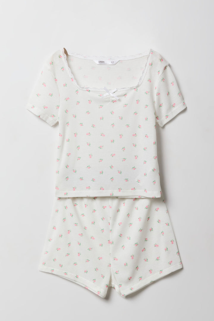 Girls Ditsy Print Ribbed Lace Trim Top & Short 2 Piece Pajama Set