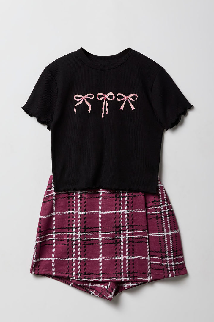 Ensemble 2 pièces t-shirt imprimé et jupe-short à carreaux pour filles
