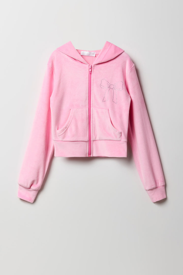 Girls Rhinestone Velour Zip-Up Hoodie