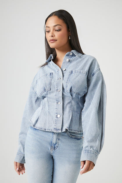 Pleated Denim Button-Up Top