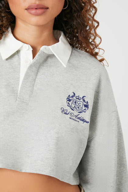 Monaco Embroidered Collared Cropped Fleece Sweatshirt