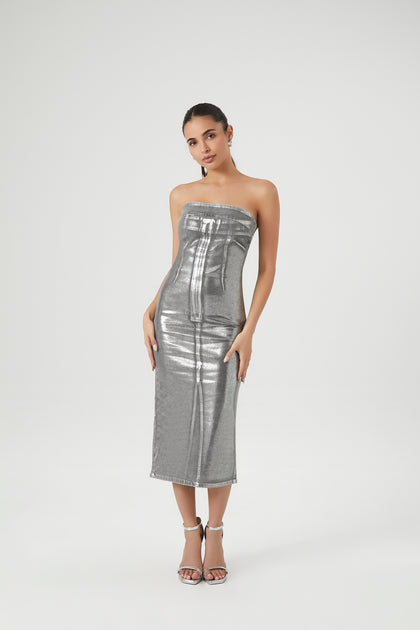 Metallic Denim Strapless Midi Dress