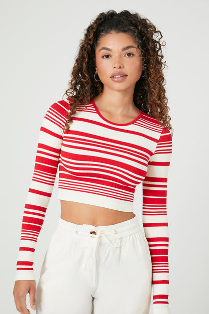 Seamless Striped Knit Long Sleeve Crop Top