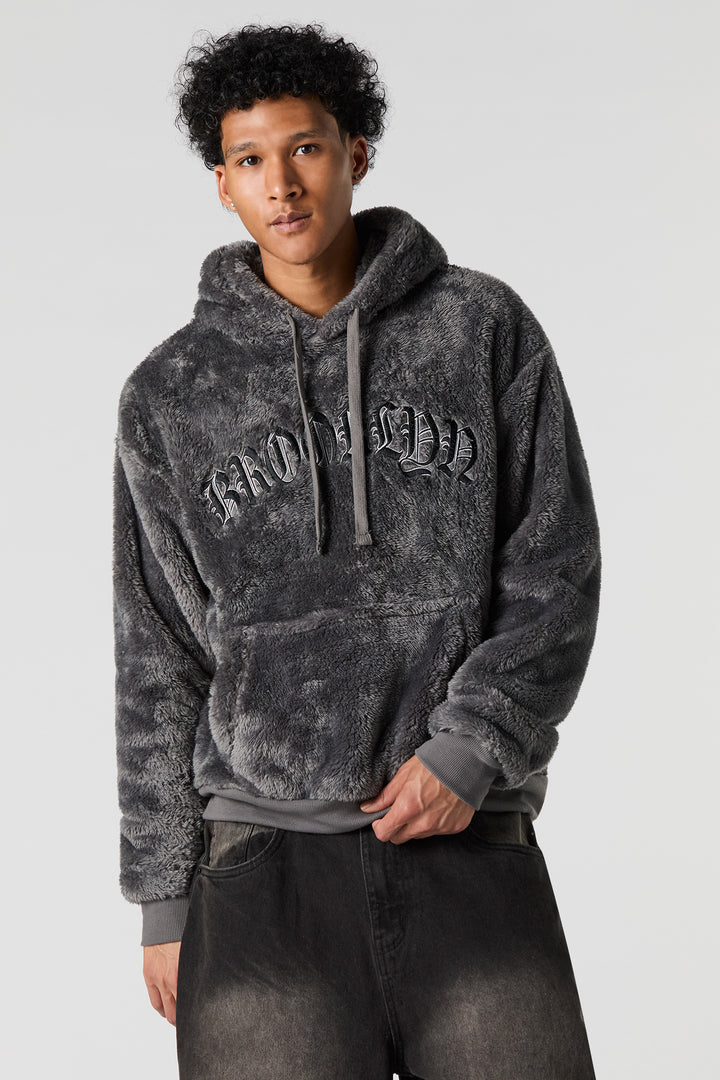 Destination Embroidered Faux Fur Hoodie
