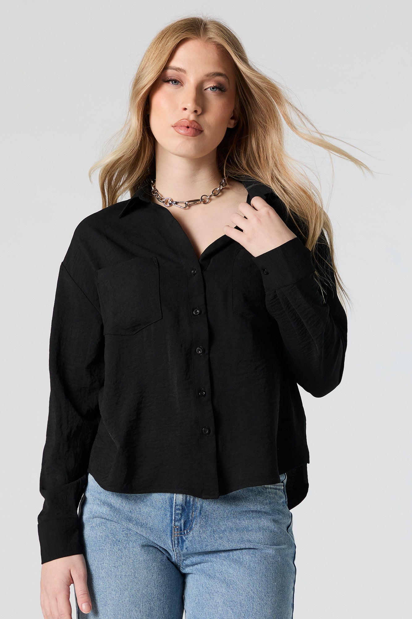 Textured Button-Up Chest Long Sleeve Top