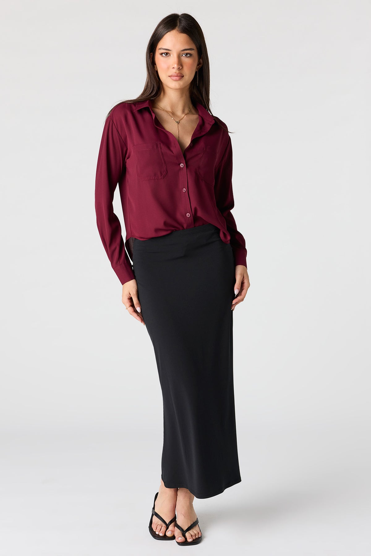 Alt View 3. Relaxed Button-Up Top - Burgundy