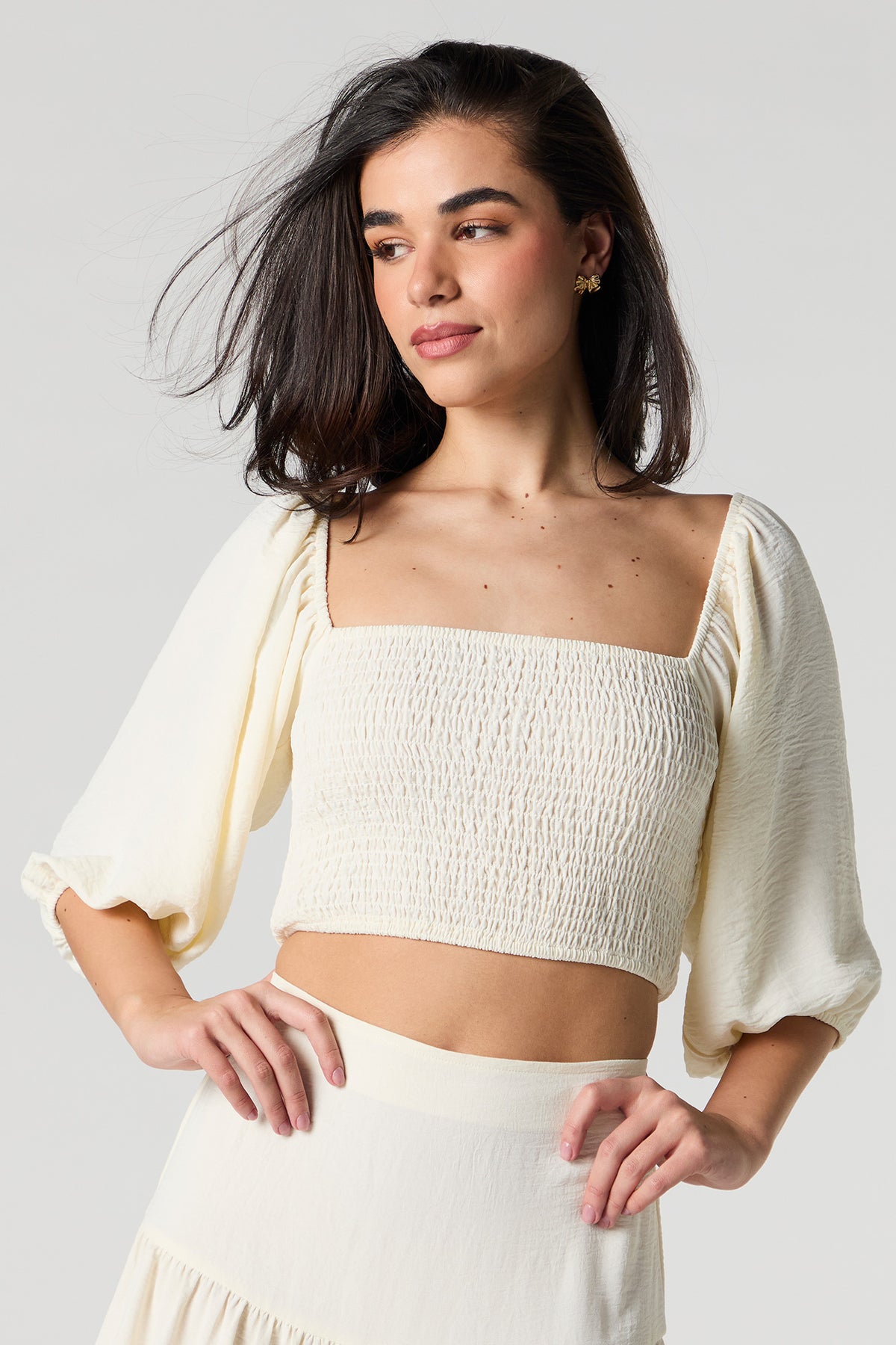 Smocked Puff Sleeve Crop Top - Off White