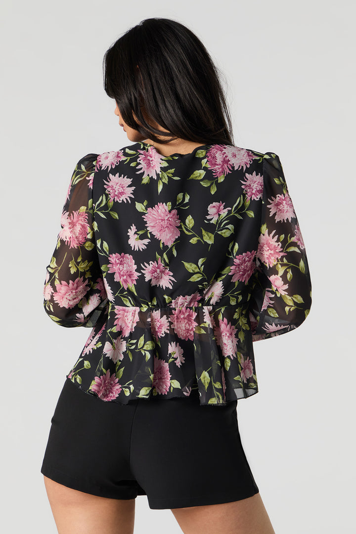 Haut En Satin Fleuri Avec Passepoil Noir - Marque T.O.P. - Taille Large - Occasion Très Bon état