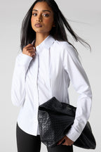 Poplin Button-Up Collared Long Sleeve Top