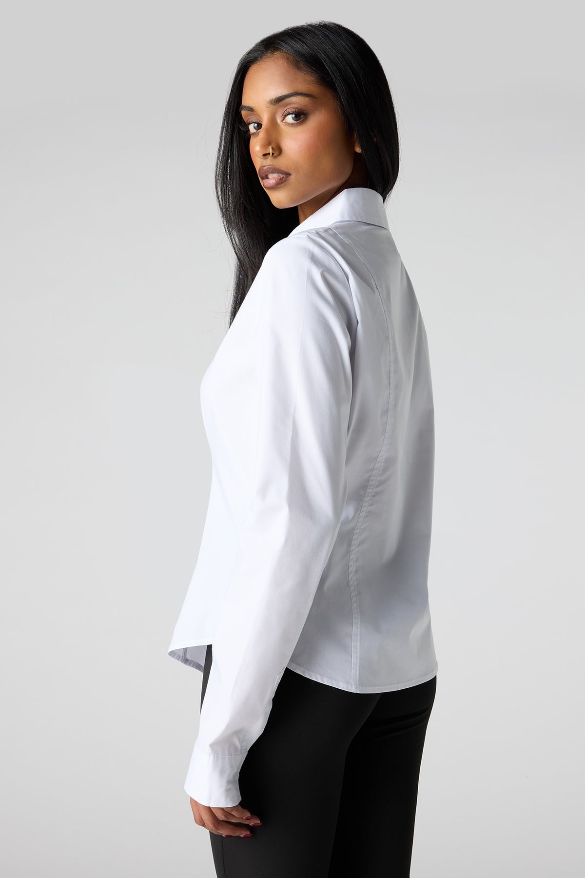 Alt View 2. Poplin Button-Up Collared Long Sleeve Top - White