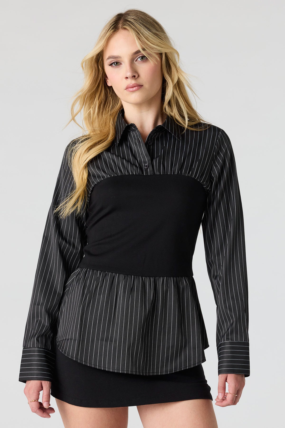 Contrast Button-Up Top - Black