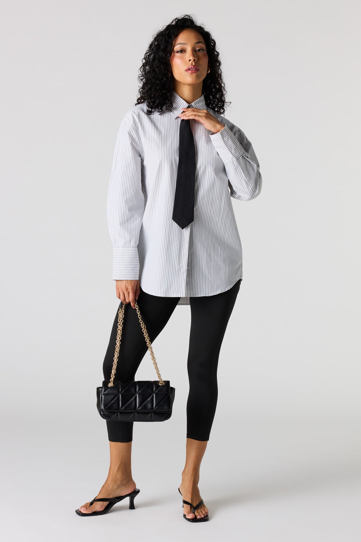 Alt View 3. Oversized Button-Up Top & Tie - Pinstripe