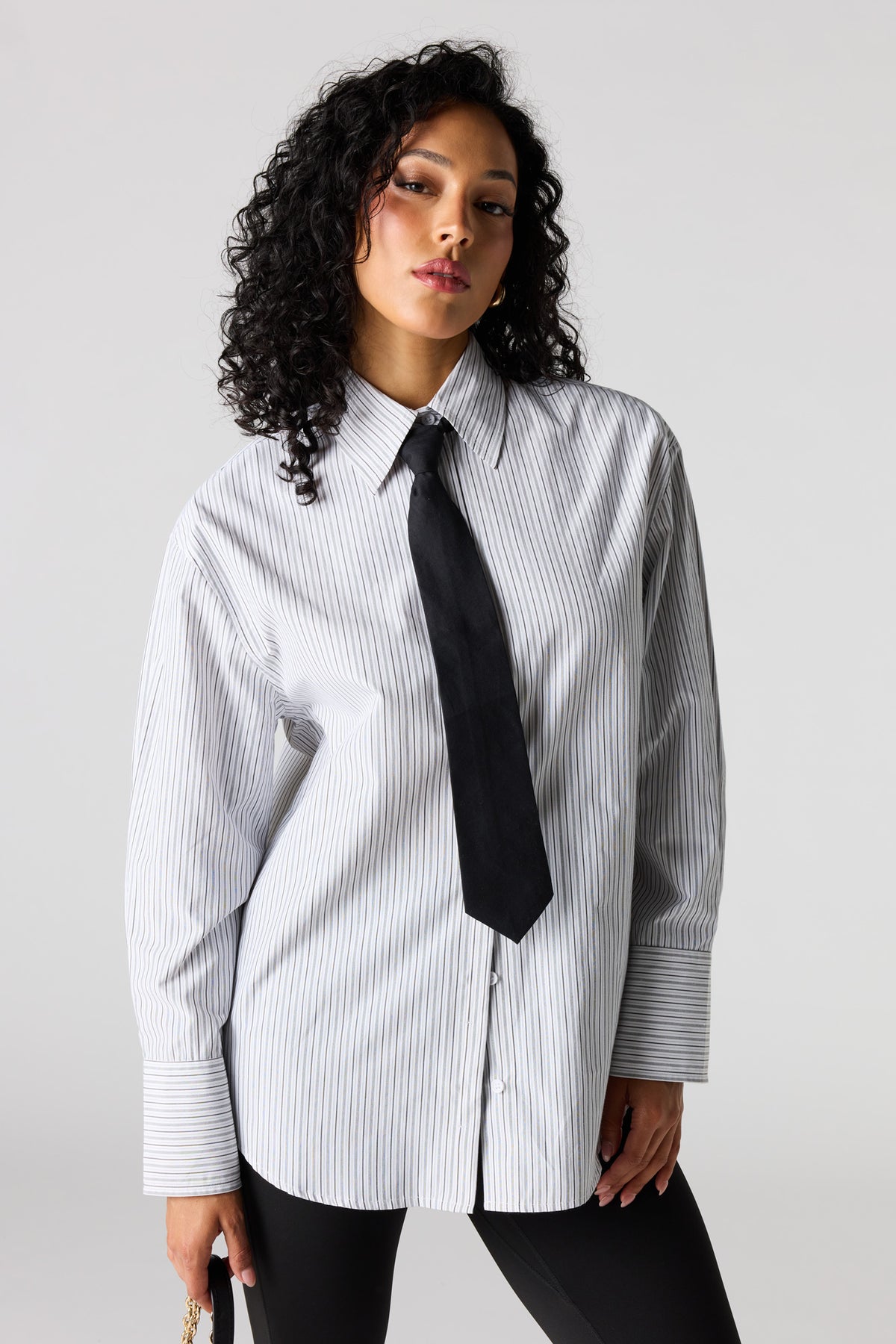 Alt View 4. Oversized Button-Up Top & Tie - Pinstripe