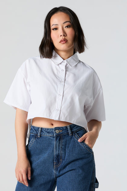 Cropped Button-Up Short Sleeve Top