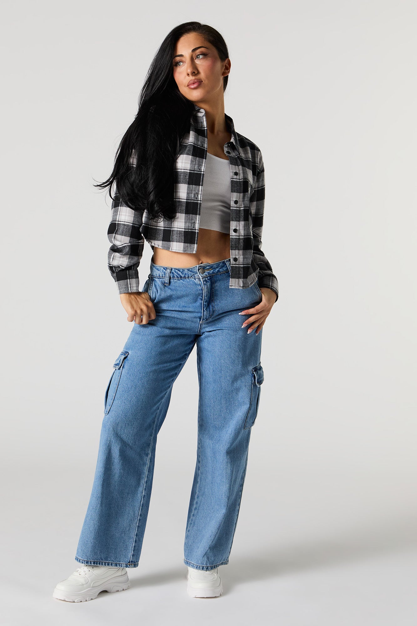 Plaid Cropped Button-Up Top