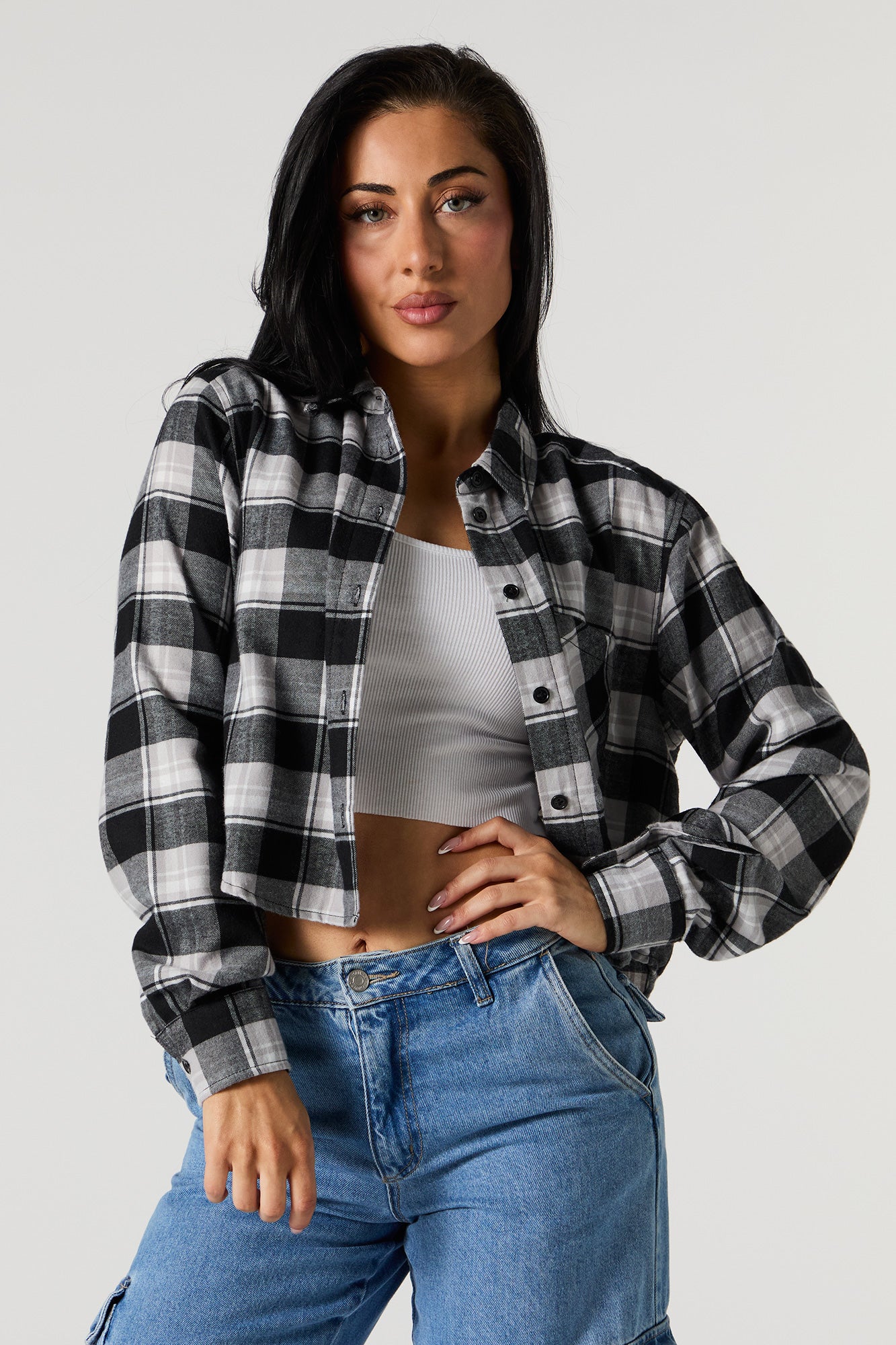 Plaid Cropped Button-Up Top