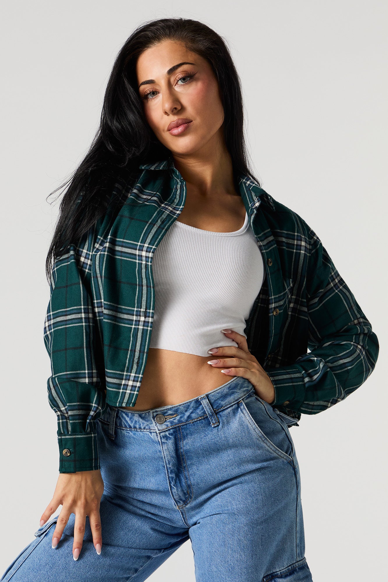 Plaid Cropped Button-Up Top