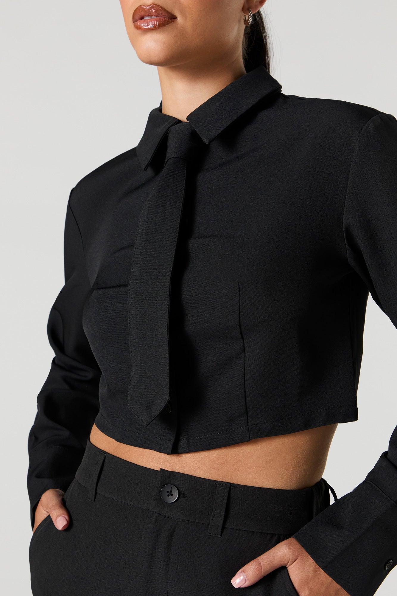 Cropped Button-Up Long Sleeve Top with Tie