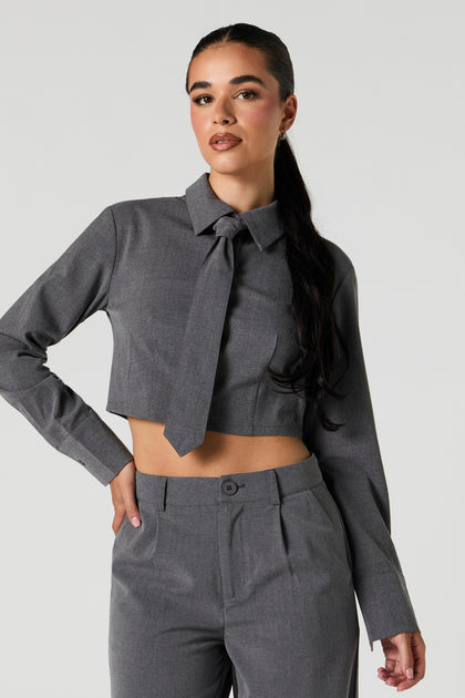 Cropped Button-Up Long Sleeve Top with Tie