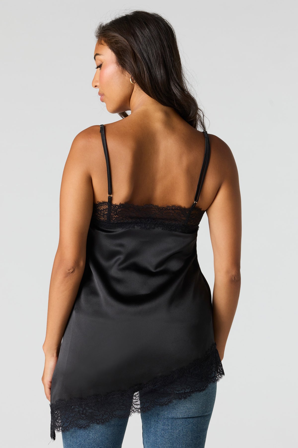 Alt View 2. Lace Satin Asymmetrical Cami - Black