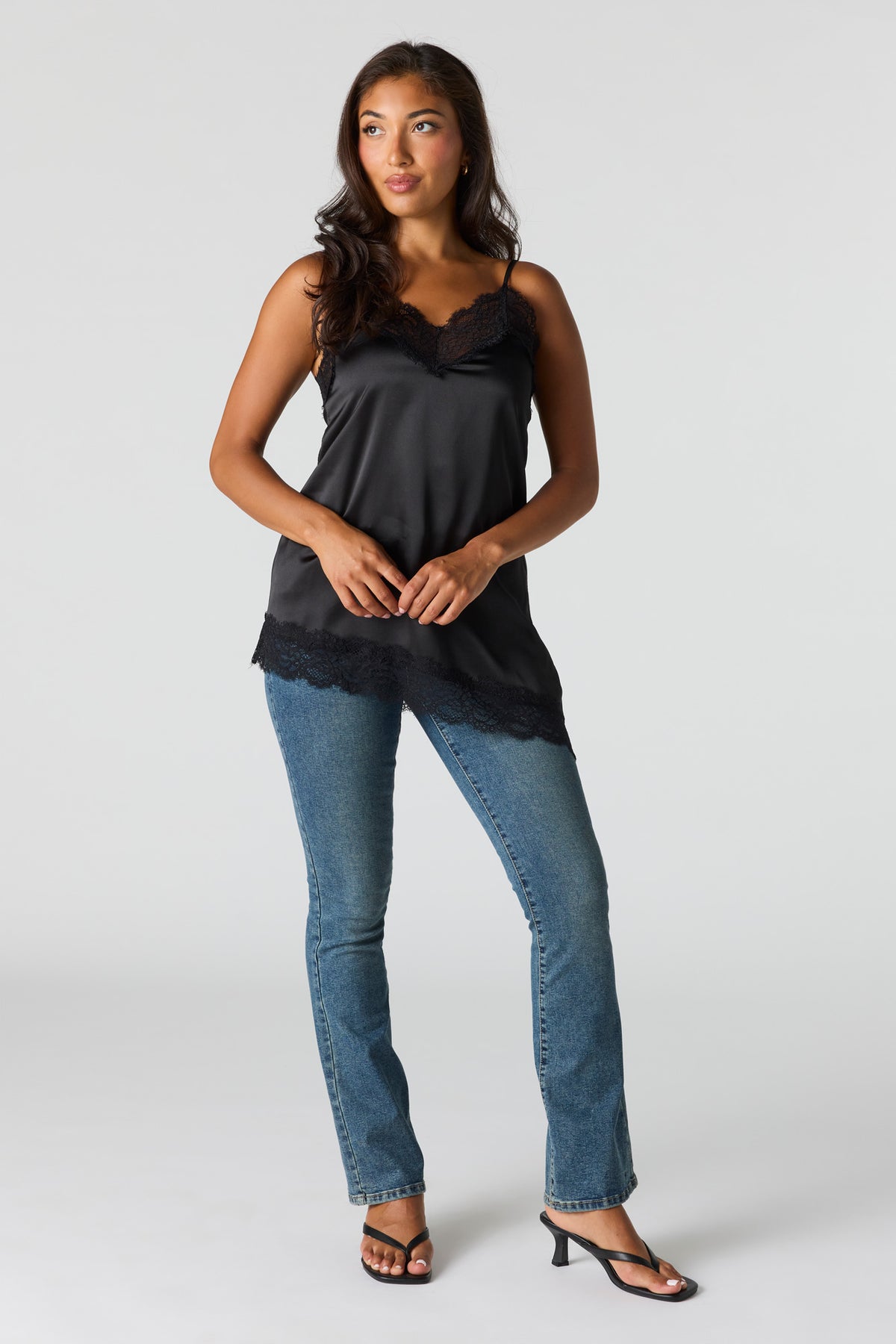 Alt View 3. Lace Satin Asymmetrical Cami - Black