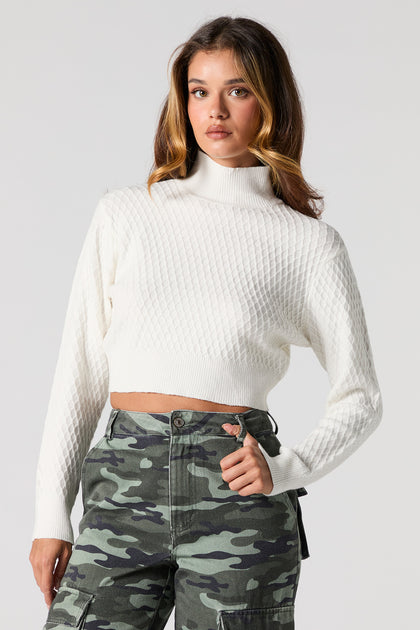 Waffle Knit Cropped Turtleneck Sweater